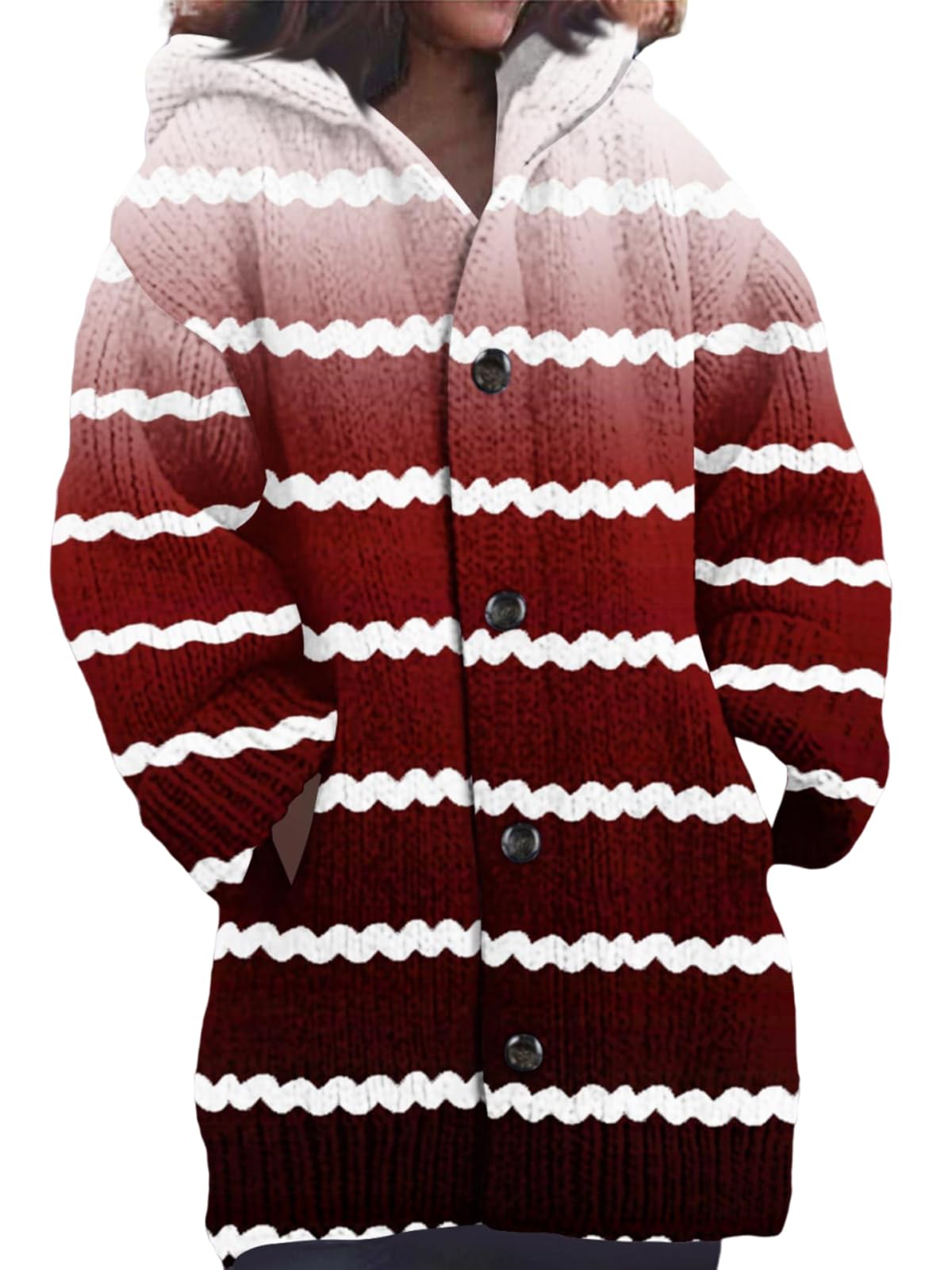 utcoco Womens Contrast Striped Cardigan Sweaters Button Down Oversized Knit Sweater Coats with Hood