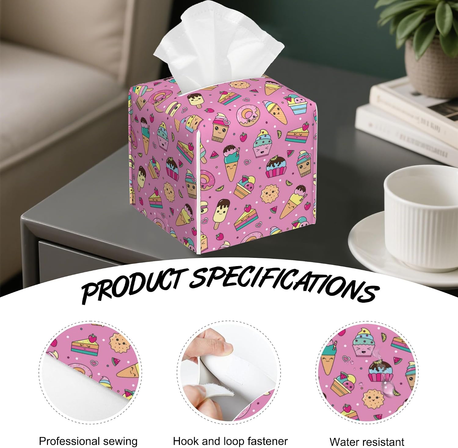 Cartoon Ice Creams Tissue Box Cover,PU Leather Tissue Box Holder Square,Modern Home Decoration for Bathroom Living Room Kitchen Office Car,5.2"×5.2"×5.2"