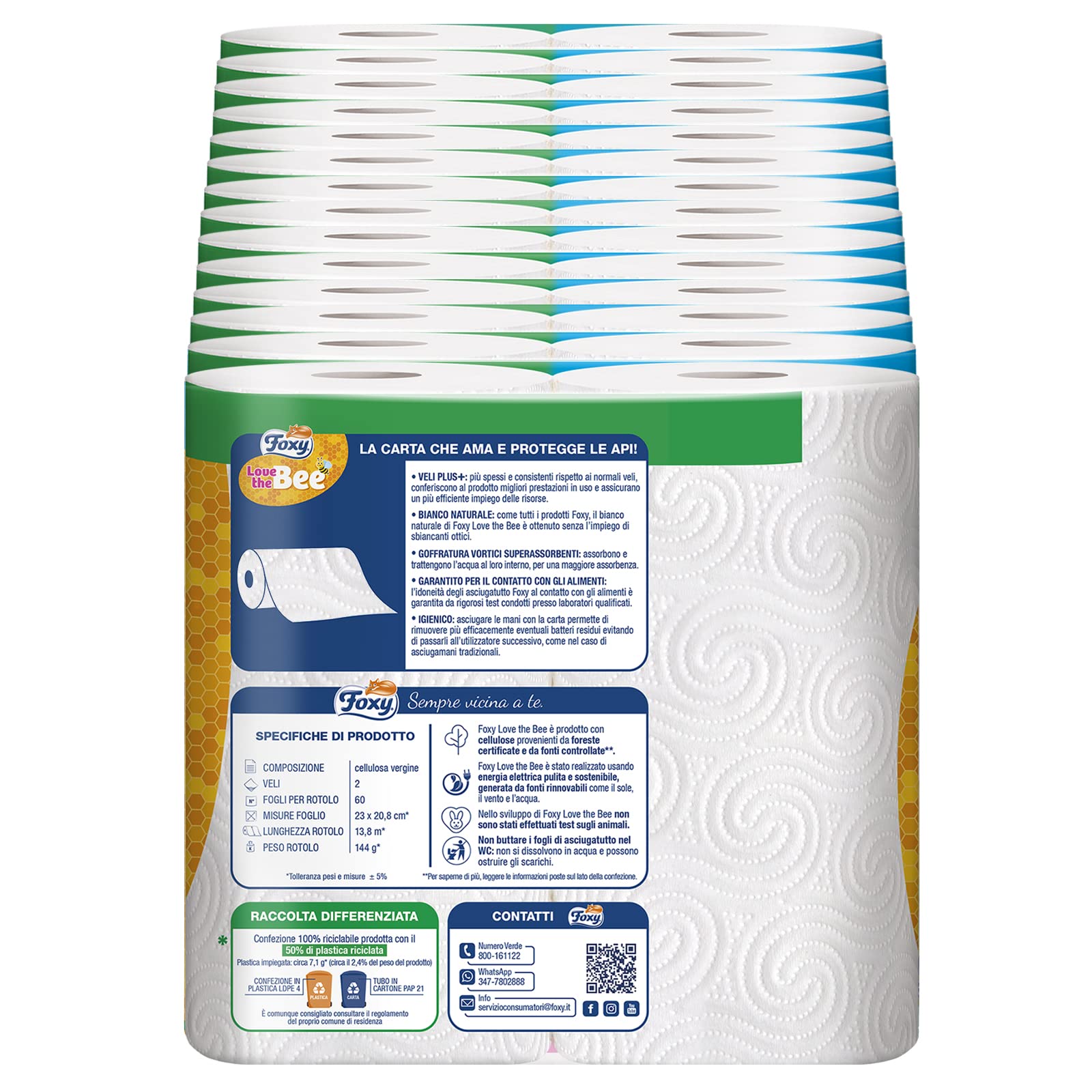 Foxy Love the Bee | Asciugatutto 28 rotoli da 60 strappi | 2 veli elevato spessore | FSC |100% Energia elettrica rinnovabile| Confezione riciclabile prodotta con plastica riciclata