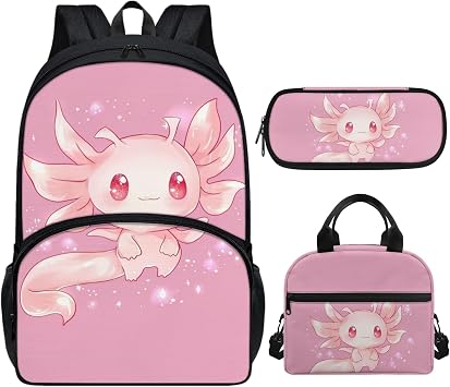 Xhuibop Pink Axolotl Backpack with Lunch Box for Girls 8-10 Kids Bookbag with Lunch Bag Pencil Case 3 IN 1 School Bag and Lunchbox Pencil Case 17 Inch Book Bag Set for 4th Grade Girls