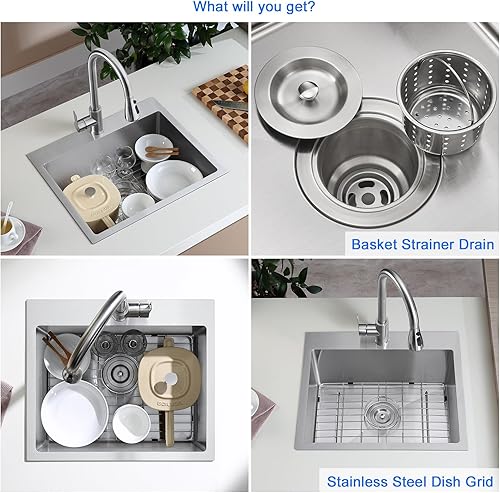 Miniatura 7 de MENATT Fregadero de cocina cepillado de 20 pulgadas, calibre 18, acero inoxidable, 1 orificio para grifo, fregadero de cocina con montaje superior