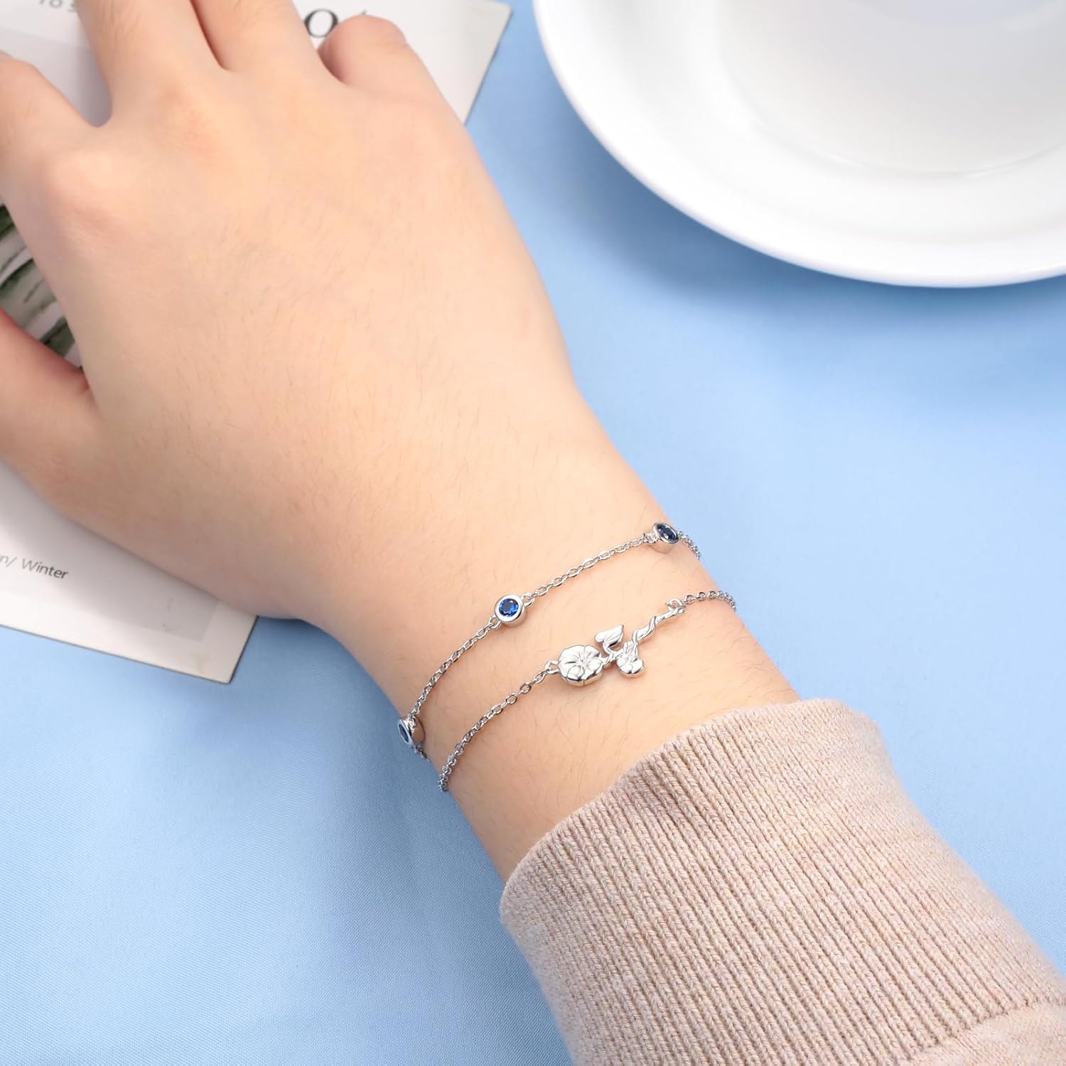 MANBU Birthstone Birth Flower Bracelet for Women: Sterling Silver double Layer Chain Birthstone Bracelet Birthday Gift for Teen