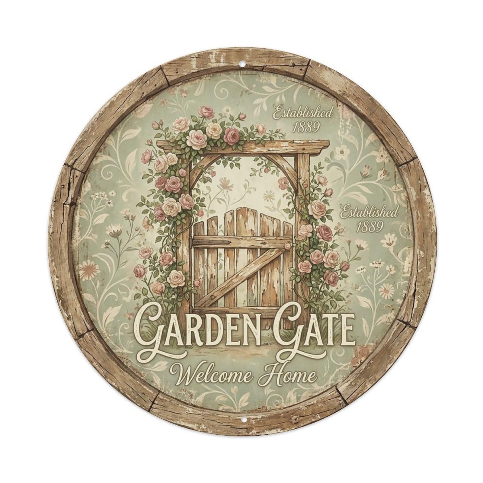 Cxhjca 8X8inch(20X20cm) Vintage Cottagecore Garden Garden Gate Entrance Metal Tin Sign