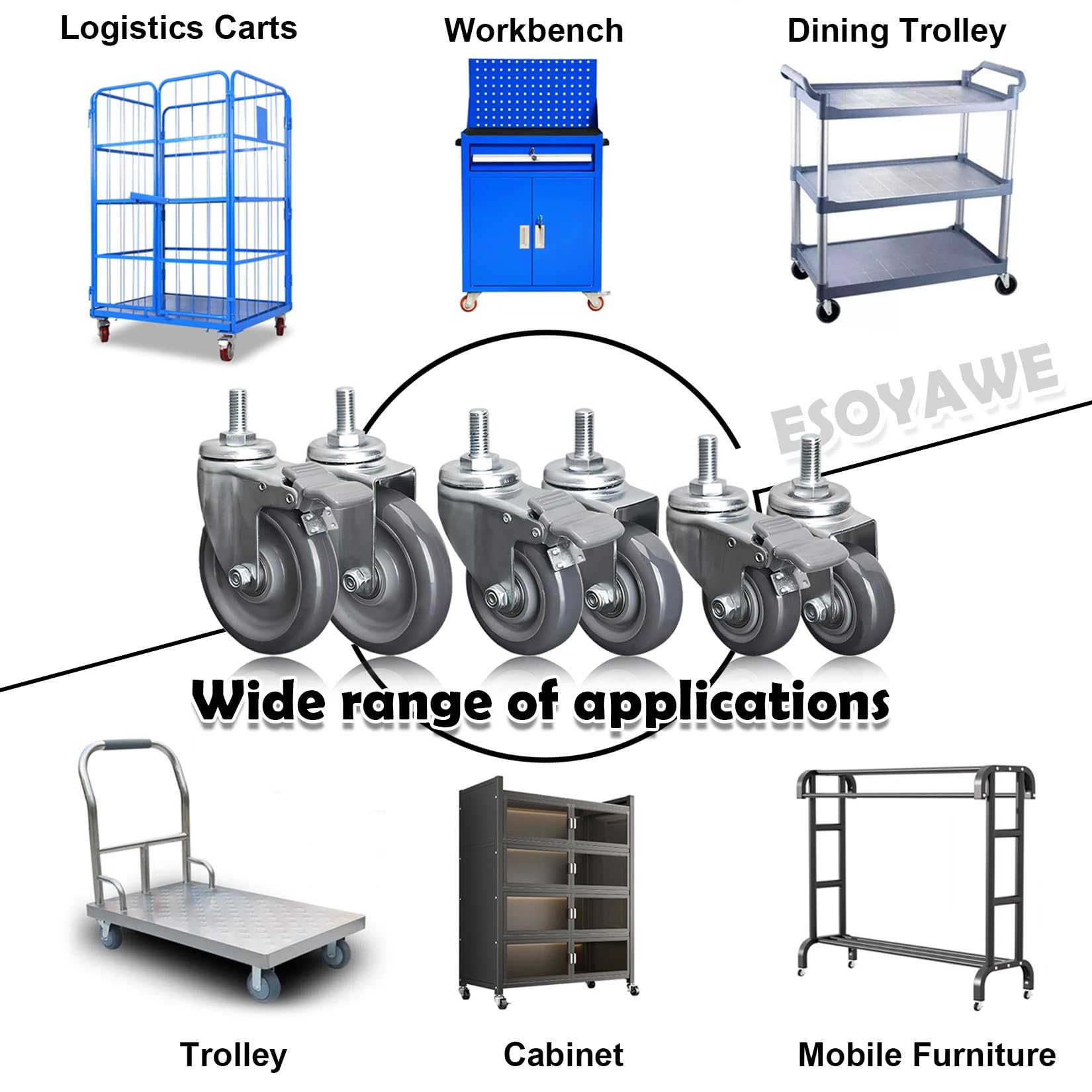 Schwerlast M12 Gewinde Vorbau Lenkrollen 63mm 75mm 100mm Leise Polyurethan Rollen 4 Stück, 360 Grad Drehbar Mit Bremse Industrie Transportroller, Doppellagerung Ersatz Rollen(Swivel+Brake,63mm)