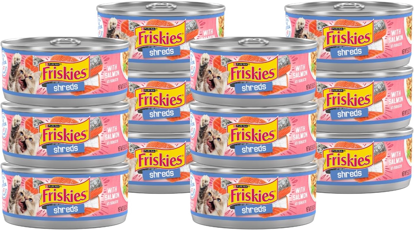 Purina Friskies Shreds with Salmon in Sauce, Made with Real Salmon, Includes Protein and All Essential Nutrients, 5.5 Ounce Cans (Pack of 12)