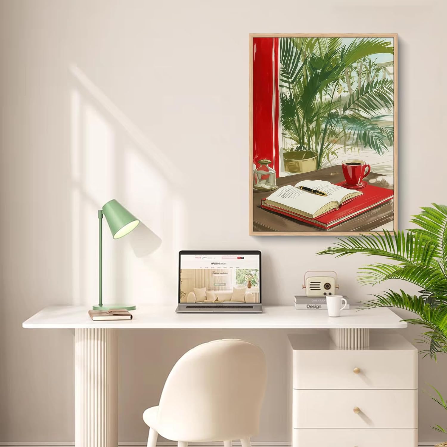Framed Coffee and Journal Wall Art Cozy Morning Poster with Red Cup and Notebook Tropical Plant Canvas Print Modern Home Painting for Living Room Kitchen Office Ready to Hang Wood Frame16x24Inches