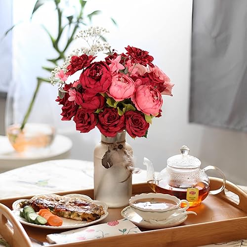 Miniatura 6 de Lucky flower Juego de flores artificiales de seda roja polvorienta, caja de rosas falsas para ramos de boda, decoración de mesa de despedida de