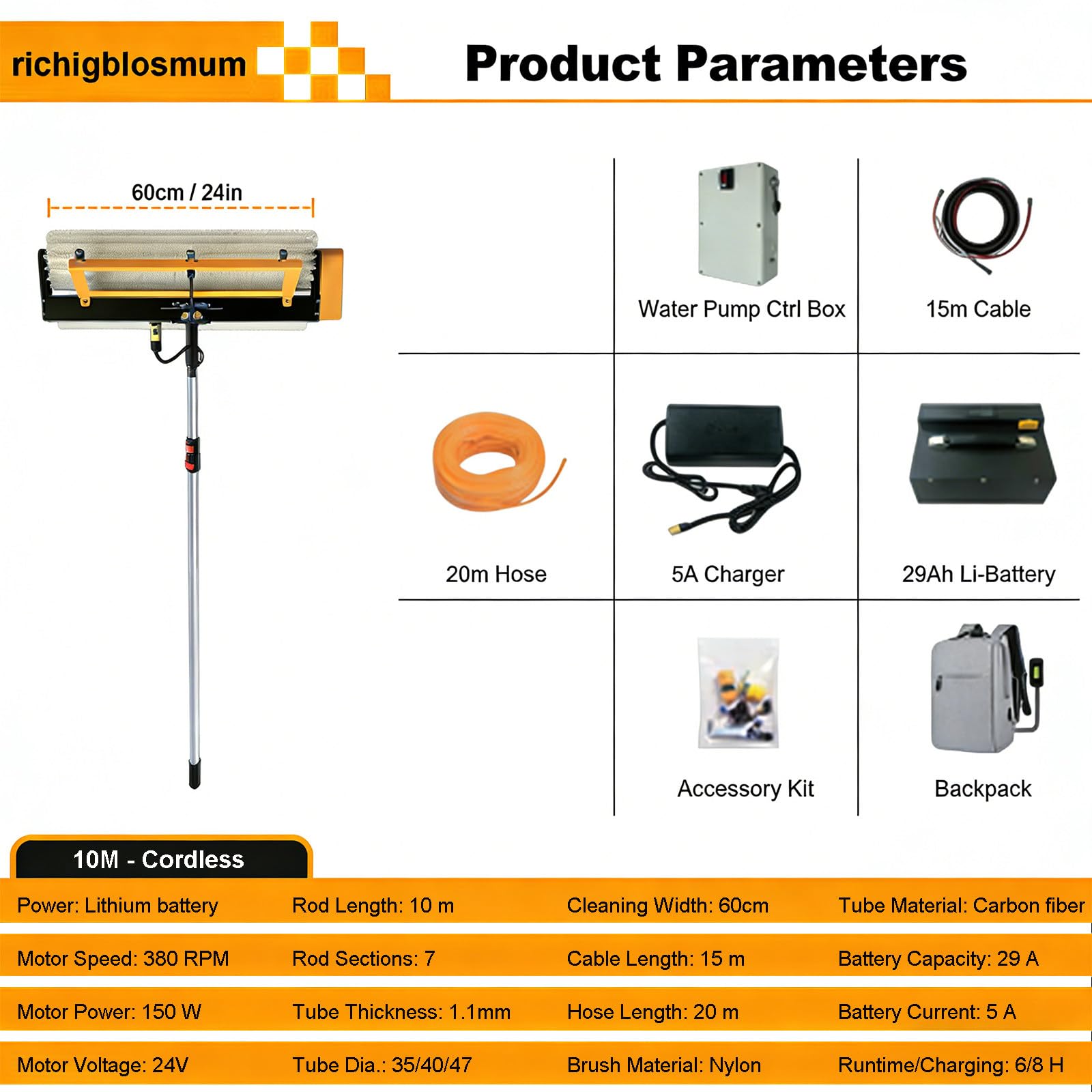 Limpieza Placas Solares Cepillo – Motor Sin Escobillas de 150W, Cabezal Rotatorio de 380RPM, Cobertura de 60CM, Limpiador de Alta Resistencia para Paneles Solares con Mango Extensible Cordless-10M