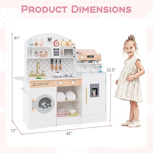 Miniatura 9 de HONEY JOY Juego de cocina para niños, juego de cocina de juguete de madera con luces, cafetera, microondas, fregadero, máquina de hielo, lavadora,