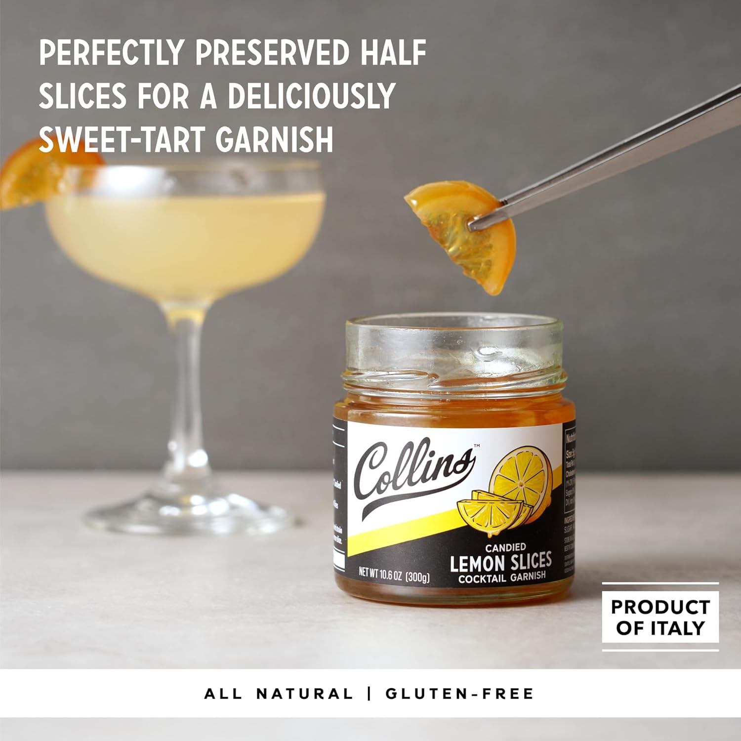 Collins Candied Lemon Slices in Syrup, Gluten Free Cocktail Garnishes for Whiskey Sour, Margarita, Lemon Drops, Cake, Ideal for Bars, Restaurants, Hotels, Desserts, Baking Supplies, 10.6 oz, Set of 6