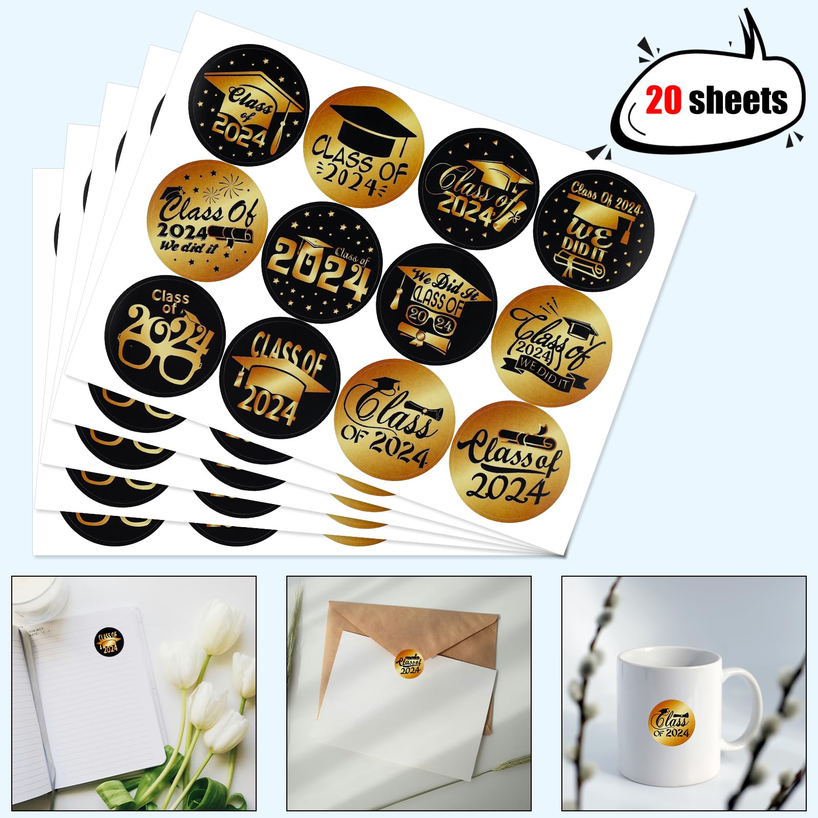 500 Stk. Abschluss-Aufkleber 'Klasse 2025' – 38 Mm Rund, 8 Designs, Für Umschläge & Dekoration