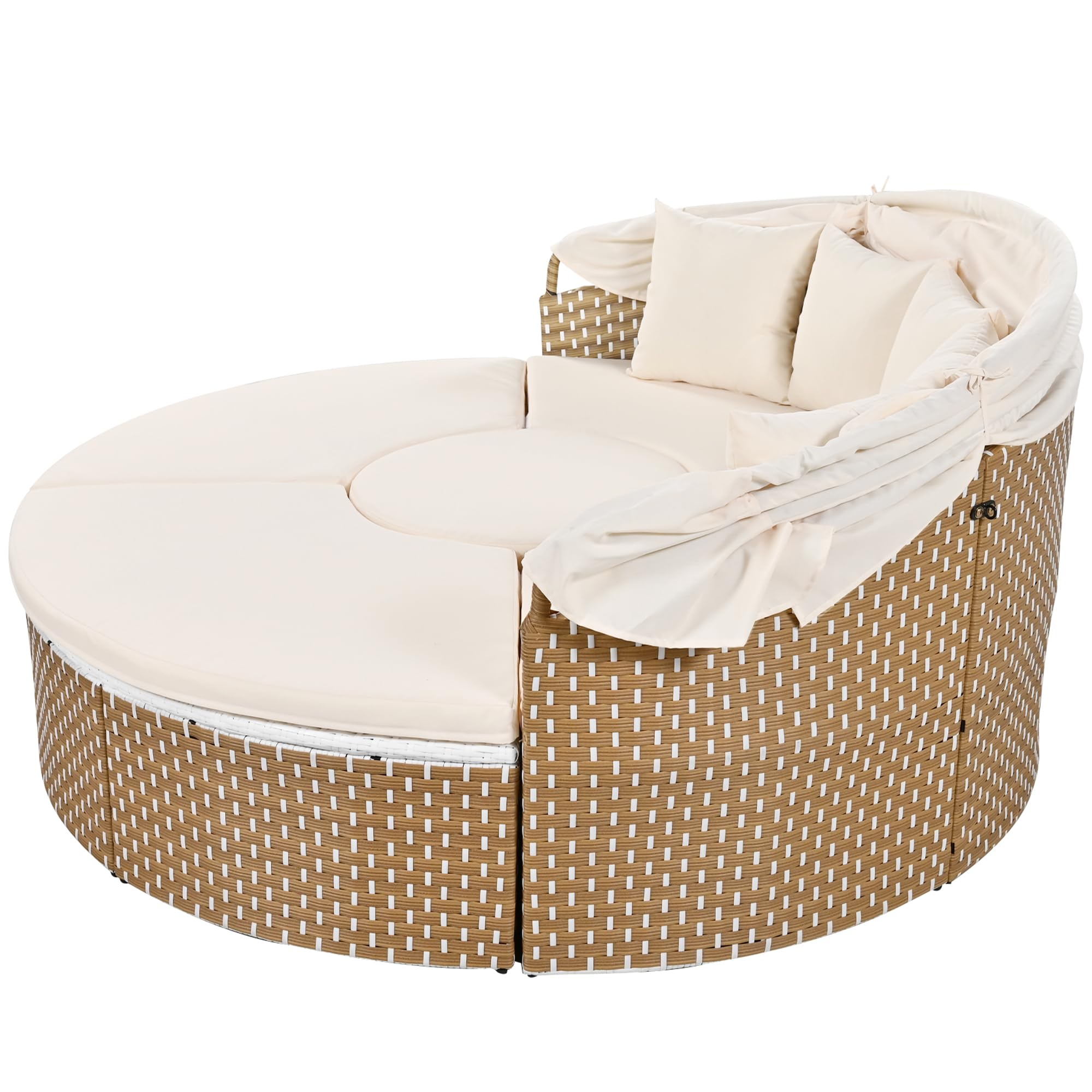 Set di poltrone da giardino, isola, tavolo da giardino e sedie in rattan, letto a conchiglia, baldacchino allungabile, piano sollevabile (beige)