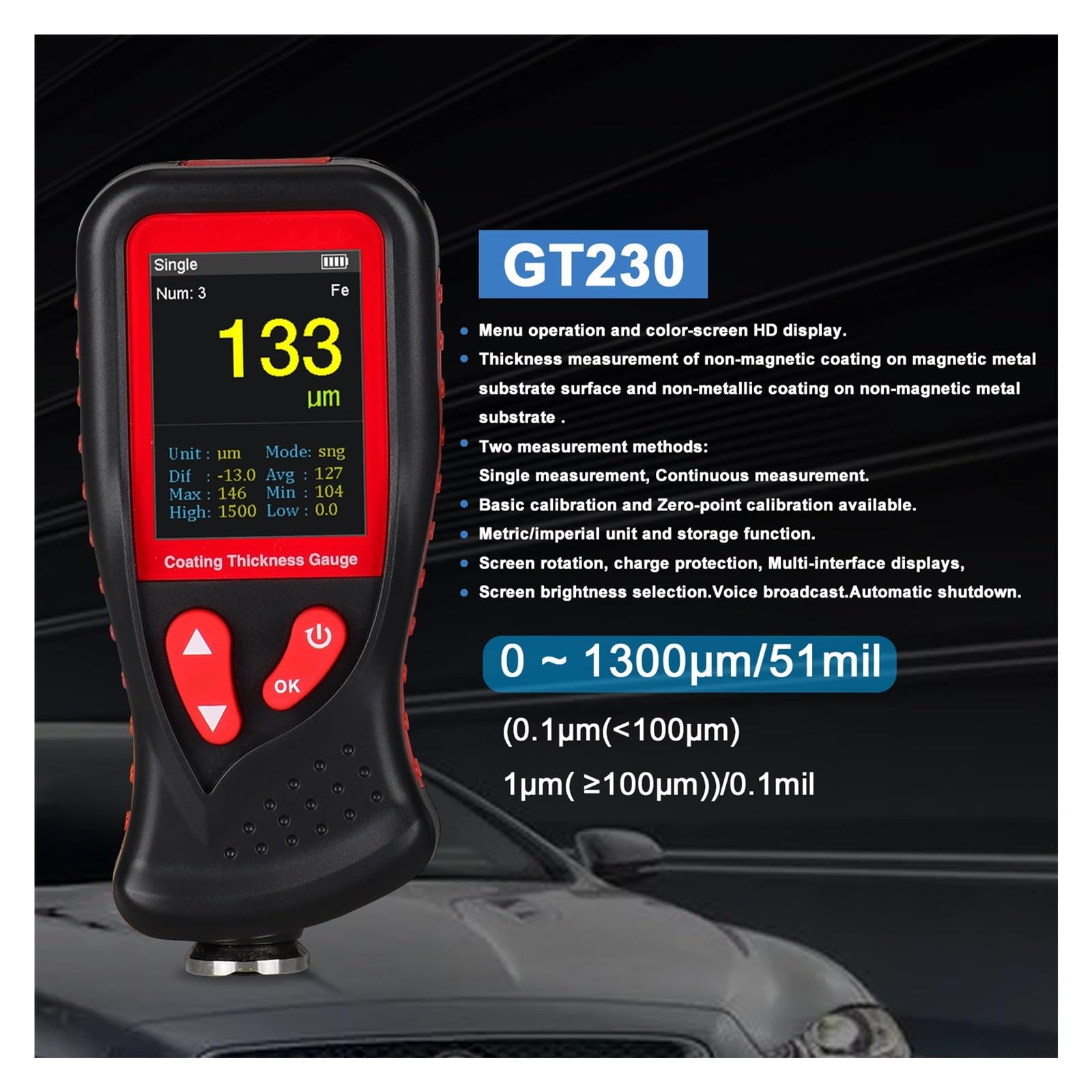 Miernik grubości lakieru, Cyfrowy miernik grubości powłoki 0.1 mikrona/0-1300/1800um FE/NFE Tester grubości powłoki lakierniczej GT235/GT230(GT230)