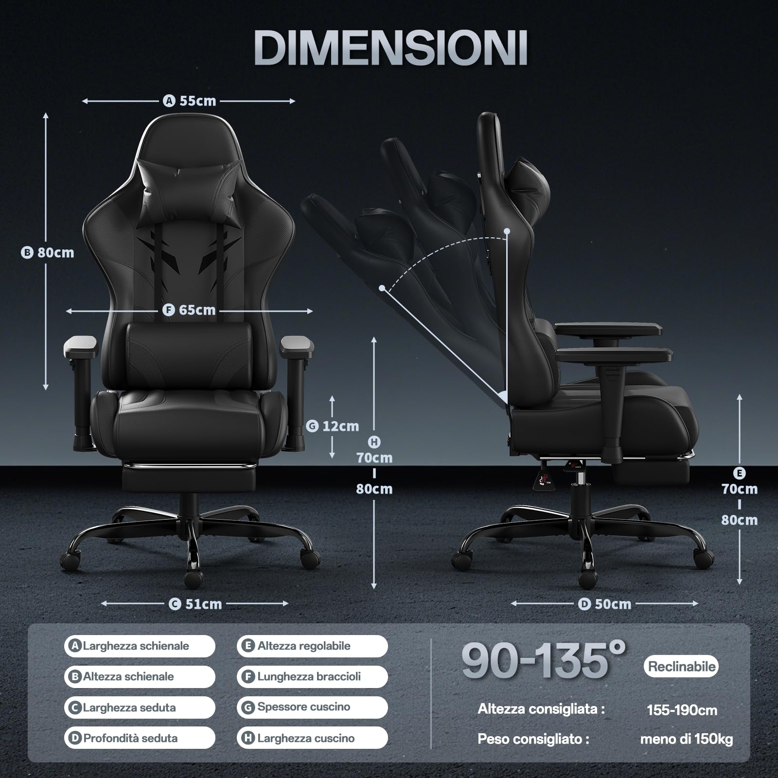 JUMMICO Sedia Gaming Ergonomica ad alto schienale con poggiapiedi estensibile, schienale reclinabile 90–135°, braccioli 2D regolabili, portata massima 150 kg, ideale per gioco e lavoro,Nero