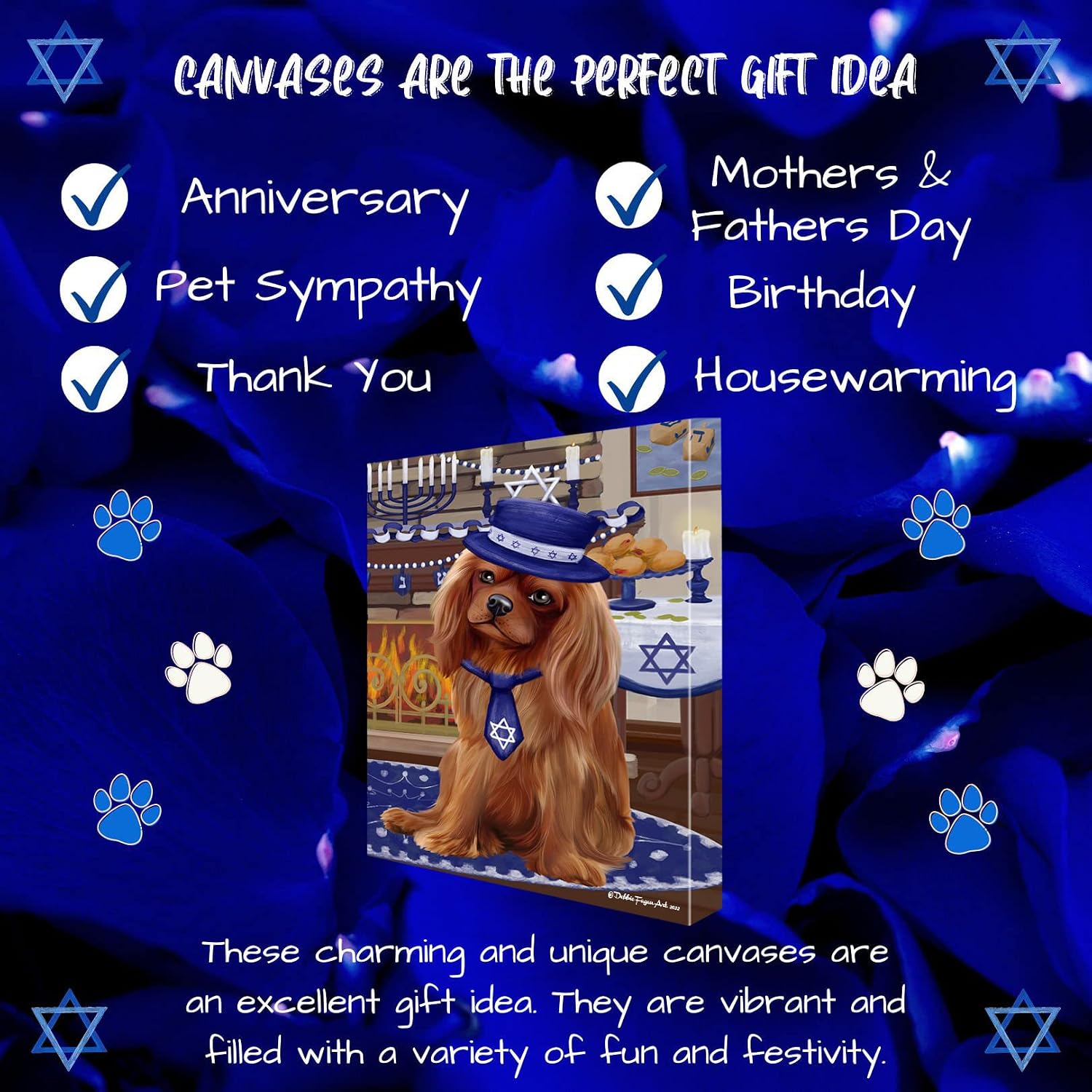 Doggie of the Day Hanukkah Both with Cavalier King Charles Spaniel Dogs Canvas Wall Art - Premium Quality Ready to Hang Room Decor - Flat Rolled 8" x 10"