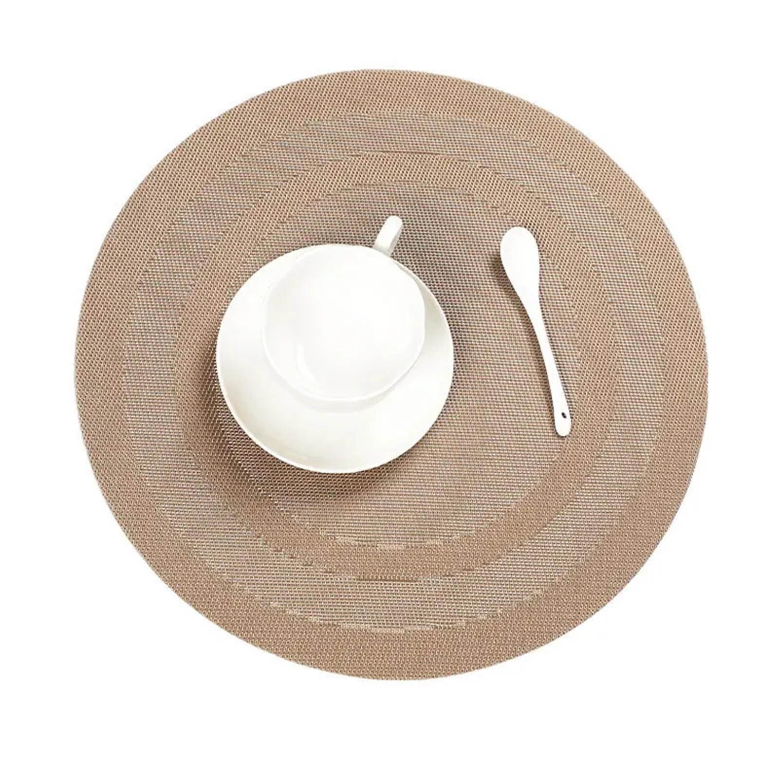 Round Placemats Table Mats Pad Anti-Skid Washable Woven PVC Placemats for Kitchen Dining Patio 식탁매트(YH Khaki,Round 38cm 6pcs)