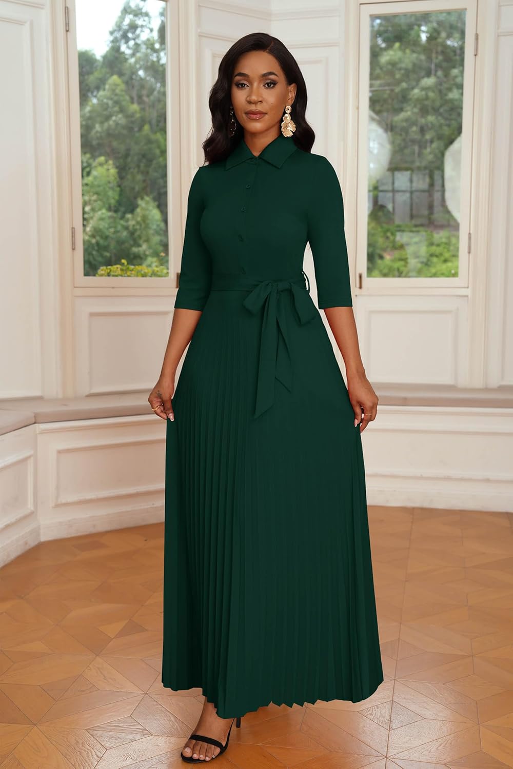 Runwind Maxi Dresses for Women, 3/4 Sleeve Botton Down Pleated Long Dress with Belt Casual Church Dress with Pockets - Image 3