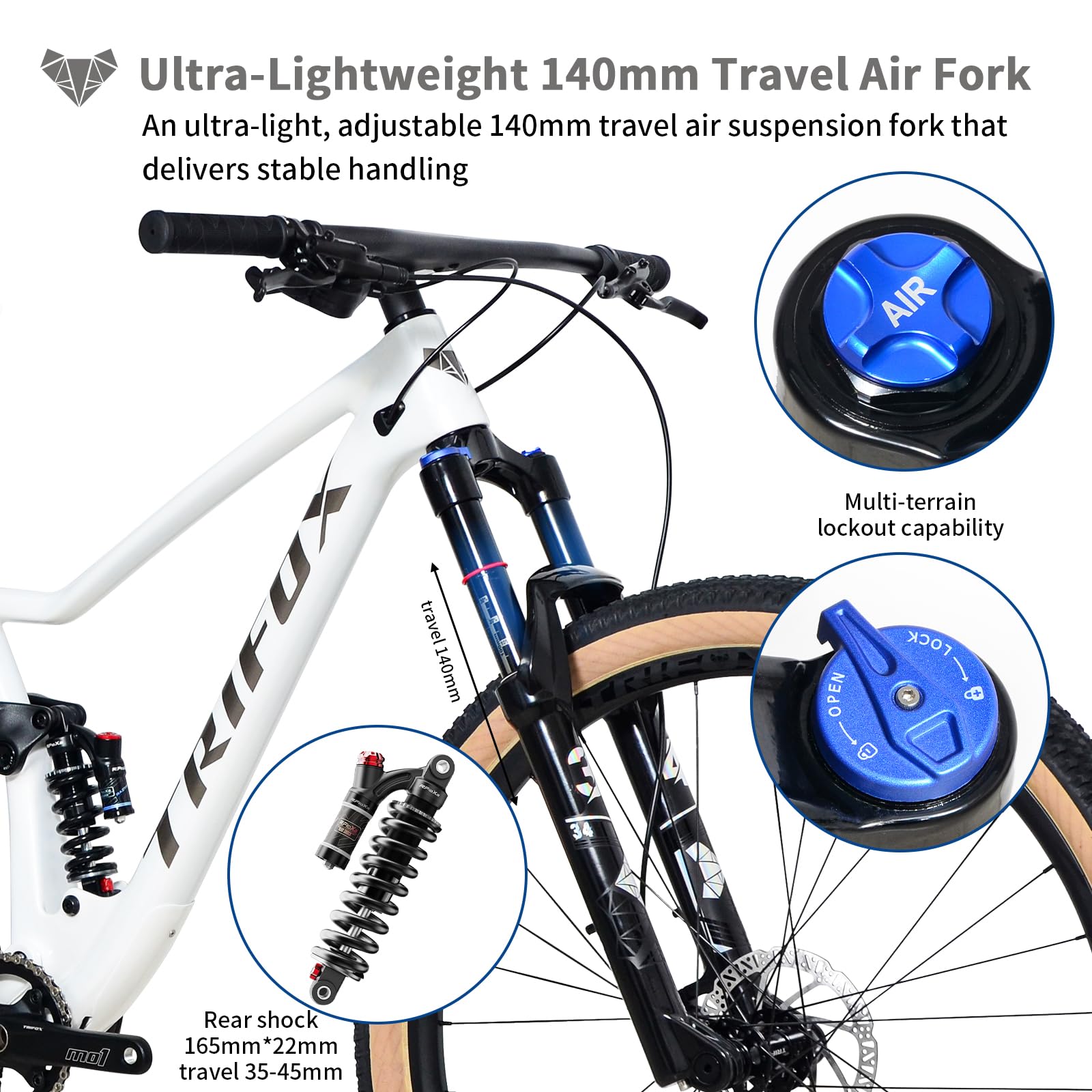TRIFOX Carbon Full Suspension Mountain Bike with Shimano M6100 Deore Groupset 12-Speed, with Boost 29er Carbon Mountain Bike T800 Carbon Frame Carbon Integrated Bar, 140mm Travel Air Fork, Rear Shock