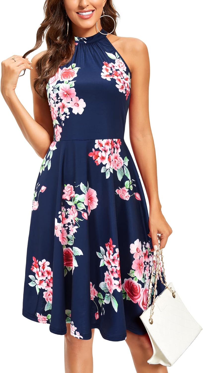 OUGES Women's Halter Neck Floral Summer Casual Sundress X-Large Floral-35