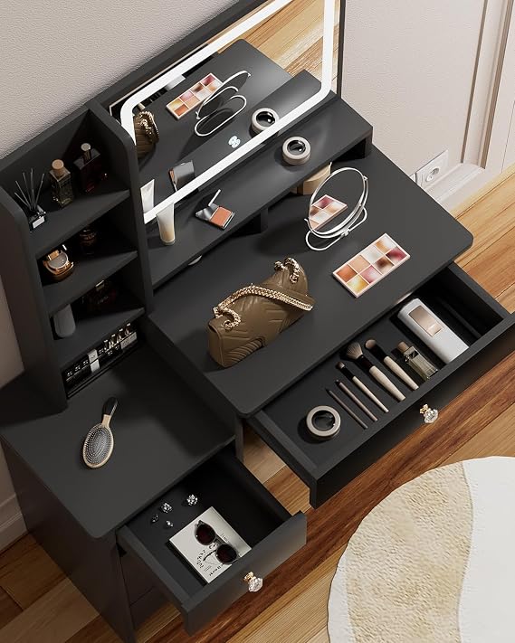 Dressing Table with LED Mirror and Adjustable Lights, 90cm Black Vanity Desk