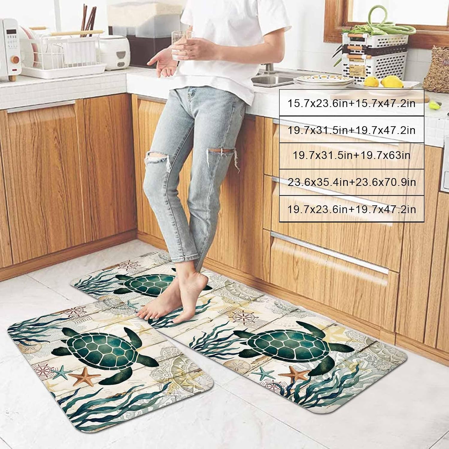 Sea Turtle Kitchen Mat Set 2 Pieces Summer Green Seaweed Starfish Mandalas Retro Wood Grain Non Slip Kitchen Rugs Washable Runner Rug Mats for Floor Sink Laundry Office 15.7" x 23.6"+15.7" x 47.2"