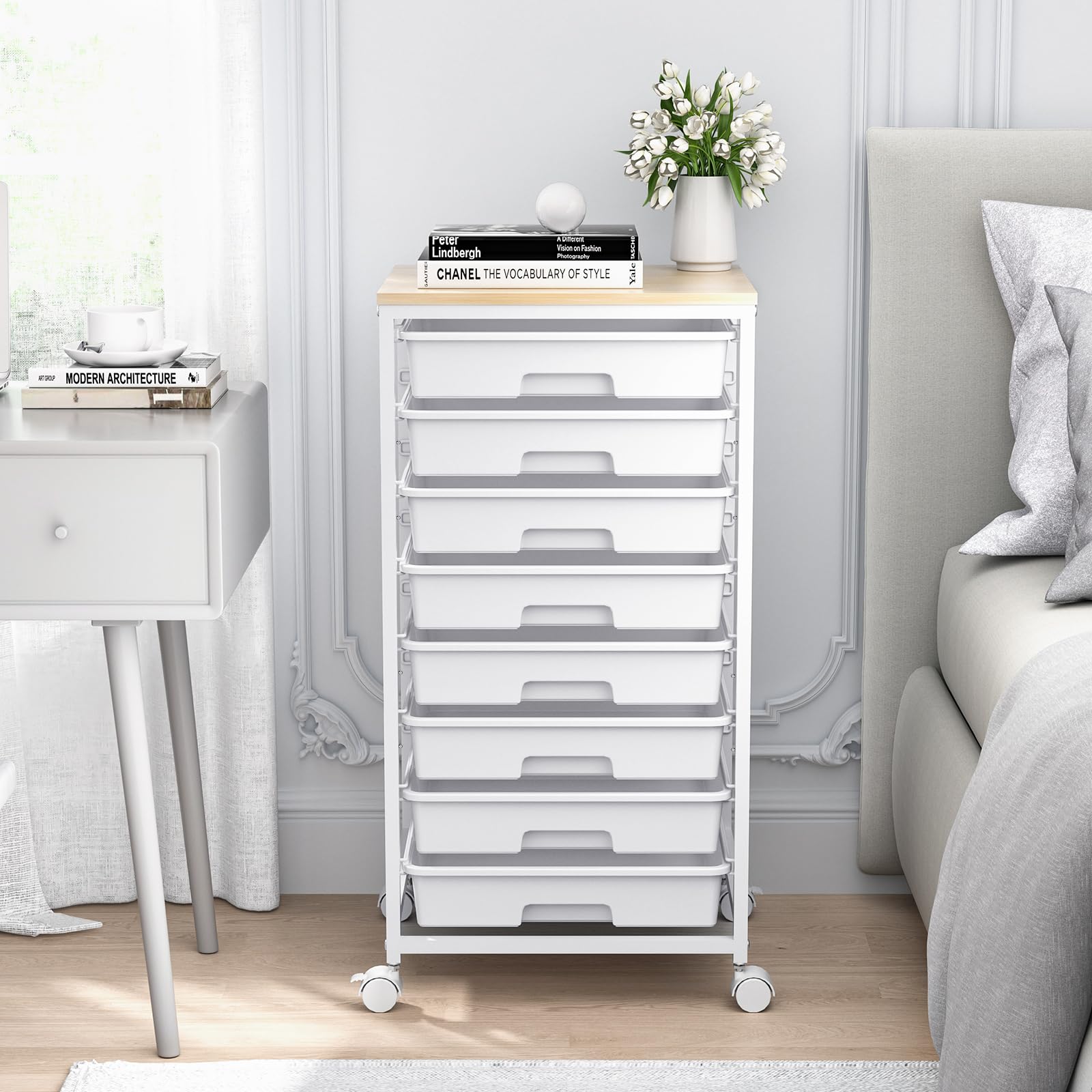 SYKIARIOL Chariot de salle de bain avec 8 tiroirs, chariot de rangement à roulettes avec plateau en bois, pour salon, chambre à coucher, bureau, grande capacité, blanc