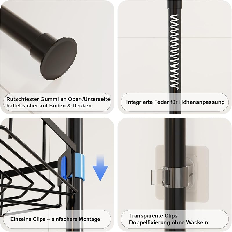 HouseUp Teleszkópos Zuhanysarok Polc - 4 Szintes Állítható Magasságú (86-298 cm) Fürdőszobai Állvány, Fúrás Nélkül, Rozsdamentes Acél, Feket