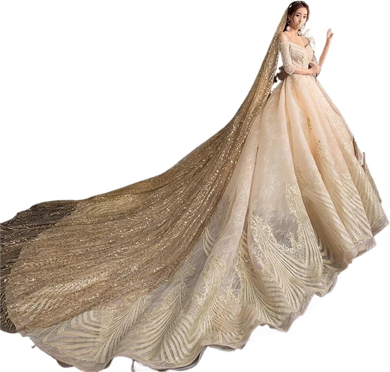 Gold Cathedral Wedding Veil with Clip, Shiny Sequin Long Train Bridal Veil for Formal Ceremonies