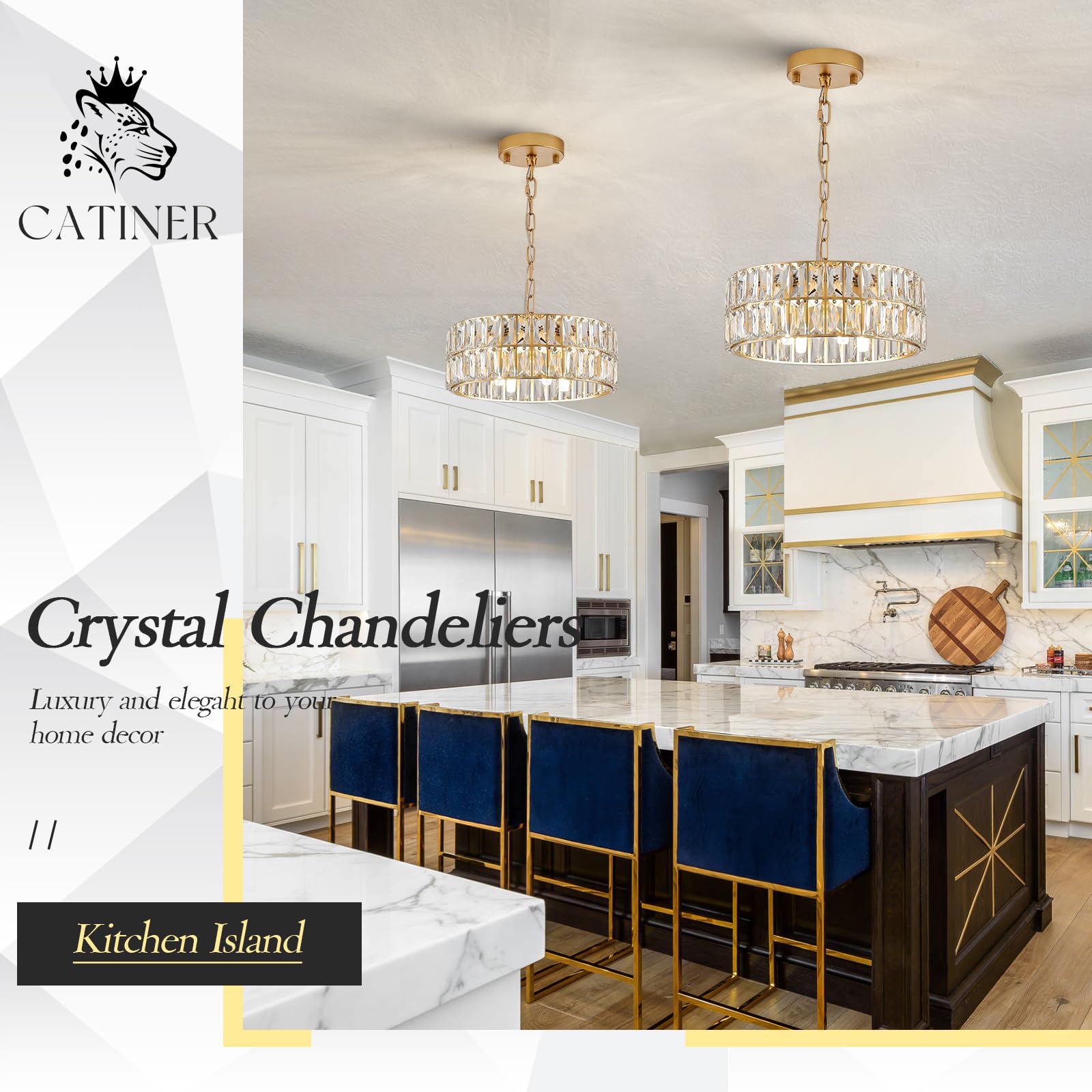 CATINER Crystal Ceiling Light,Gold Semi Flush Mount Chandelier 4-Ligh Drum Crystal Pendant Light Fixture 12� for Foyer Entryway Kitchen Hallway Dining Room