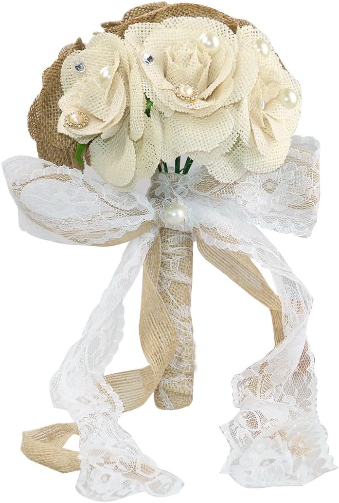 Faylapa Wedding Bridal Bouquet Crystal Pearl Lace White Bridal Bridesmaid Rustic Hand Flowers for Wedding, Engagement, Marriages Valentine's Day