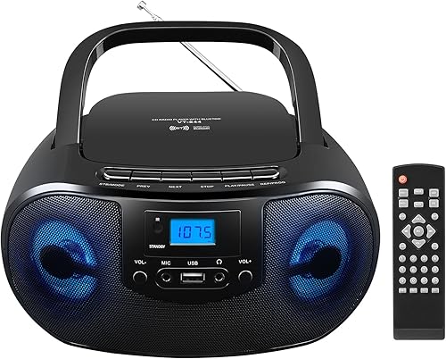 Miniatura 9 de Boombox reproductor de CD portátil con radio FM, caja estéreo de CD de carga superior para el hogar, Bluetooth, control remoto, luz de discoteca,