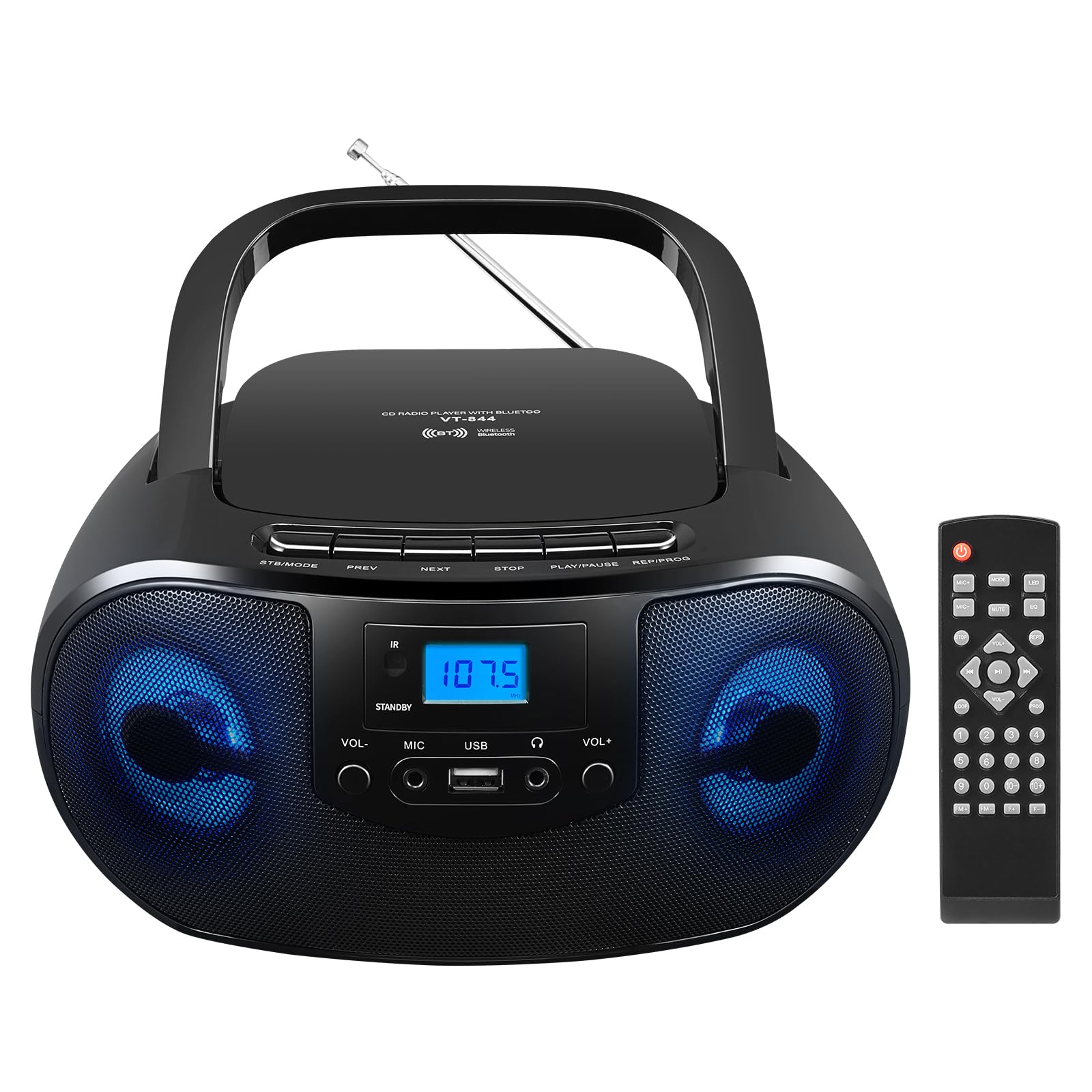 Portable CD Player Boombox with FM Radio, Top Loading CD Stereo Boom Box for Home, Bluetooth, Remote Control, LED Light, Headphone/Mic Jack, Support CD-R/RW/MP3-CD, USB, LCD Display, Black
