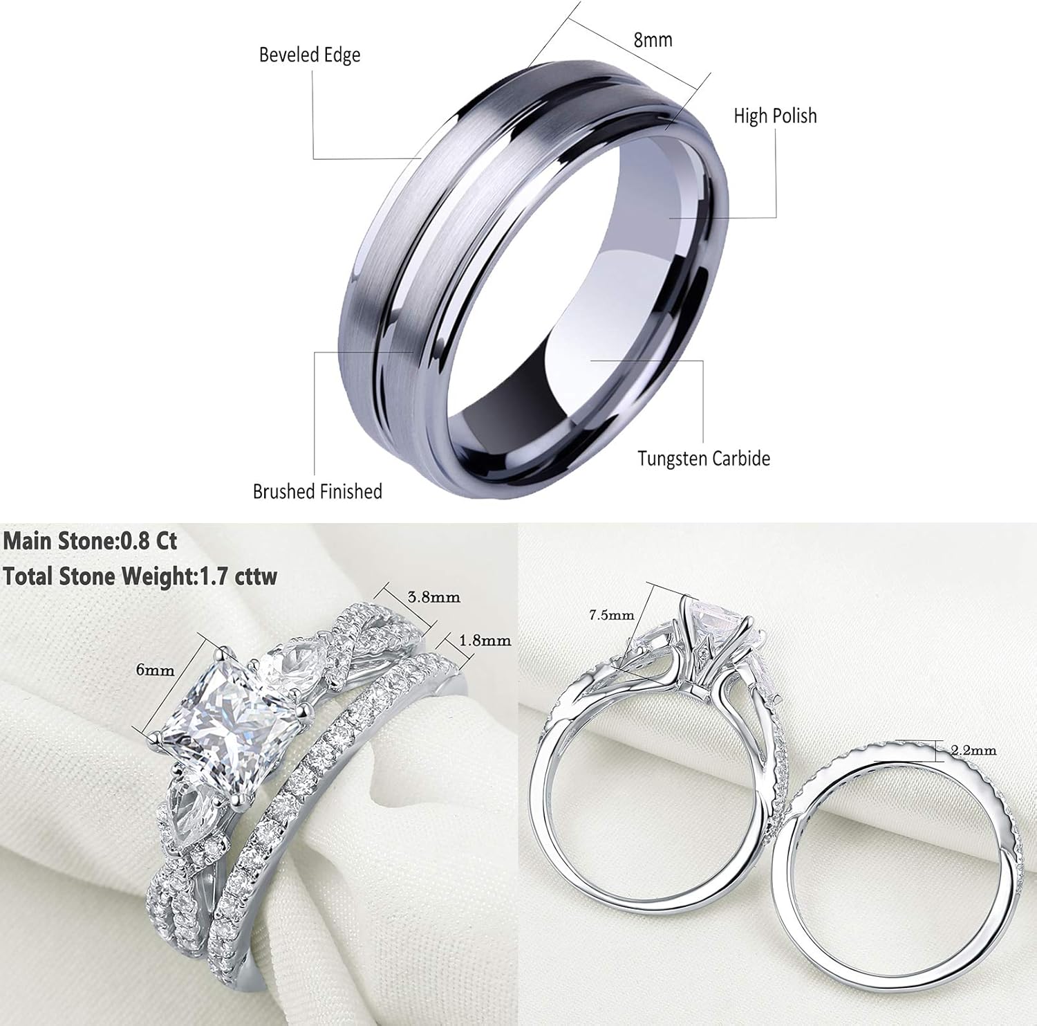 Newshe Jewellery Wedding Rings Set for Him and Her Cubic Zirconia Women Mens Tungsten Bands 925 Sterling Silver Couples Size 5-12
