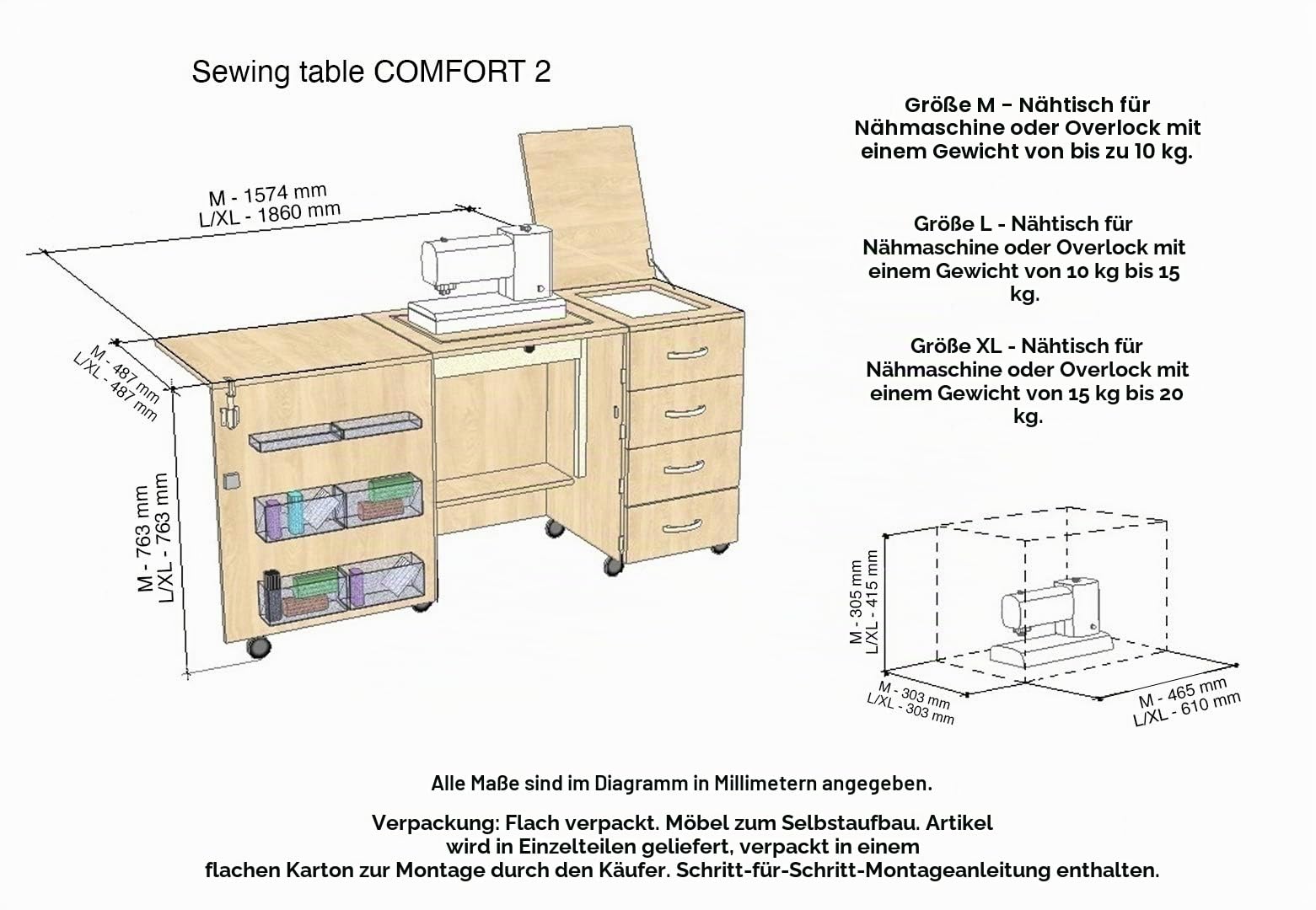 Comfort 2 | Nähmaschinenschrank | Nähmöbel | Nähtisch | (Beech Ellmau, M (Air-Lifter to 10kg))