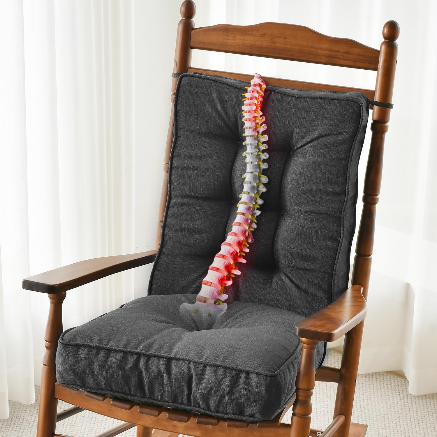 SUNROX Memory Foam Non Slip Rocking Chair Cushion, FadeShield Water Resistant Thicken Durable Tufted Pads, Set of Seat & Back Cushion with Ties for