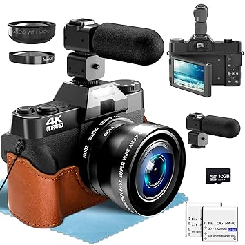 4K Digital Camera with External Adjustable Microphone, 56MP Vlogging Camera for YouTube and Video with WIFI, 52mm Wide Angle & Macro Lens, with 180 Flip Screen,18X Digital Zoom, 2 Batteries, 32GB