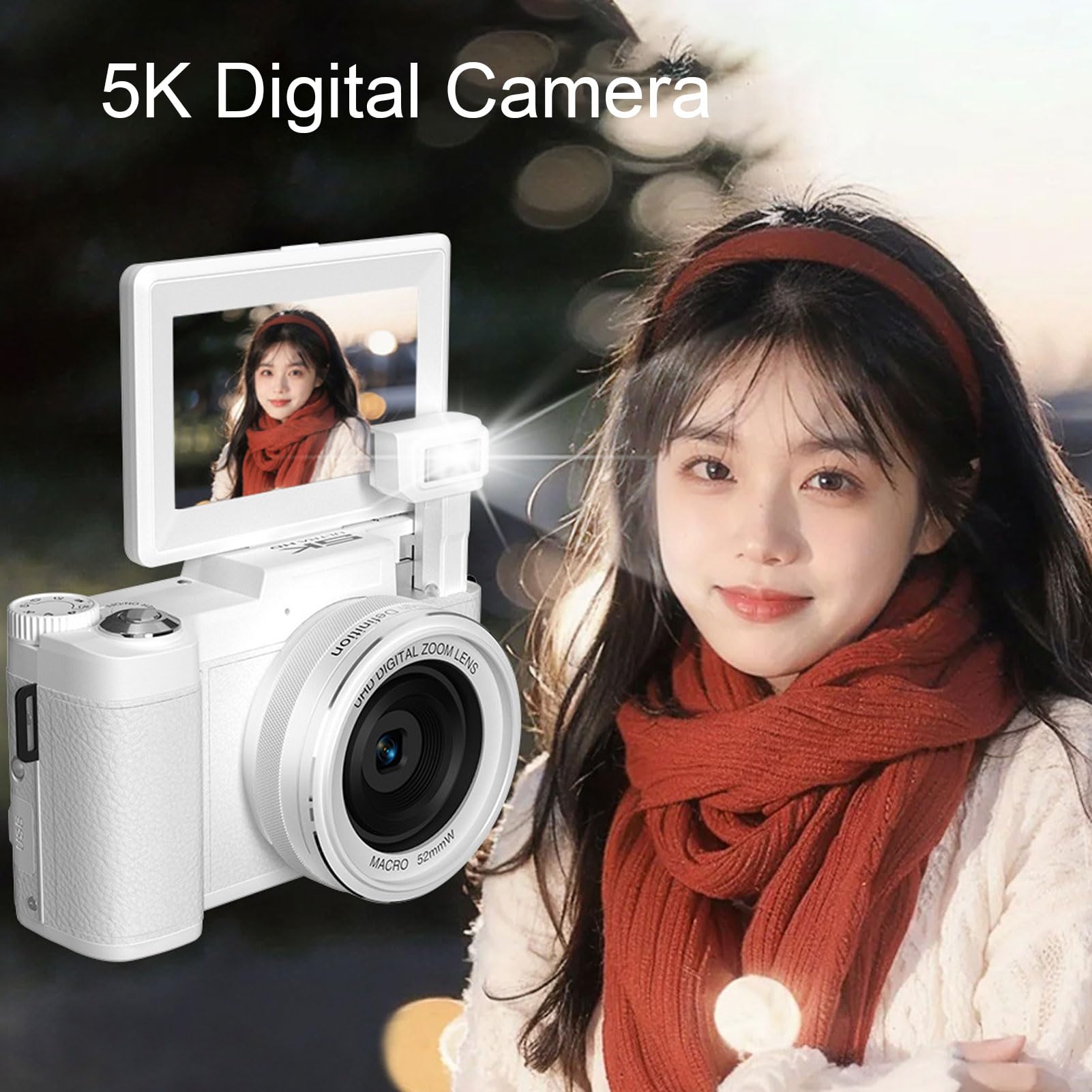 Fydun Cámara Digital 5K 64MP 18X con Zoom Cámara de Belleza con Pantalla Abatible de 3 Pulgadas con Luz de Relleno LED (White)