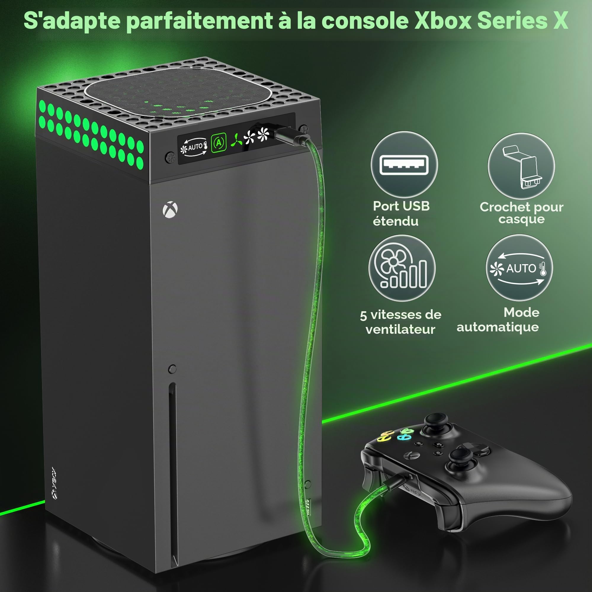 Support de Refroidissement Xbox Series X avec Ventilateur Automatique, Ventilateur Xbox Series X avec Lumières LED & 5 Systèmes de Refroidissement Réglables