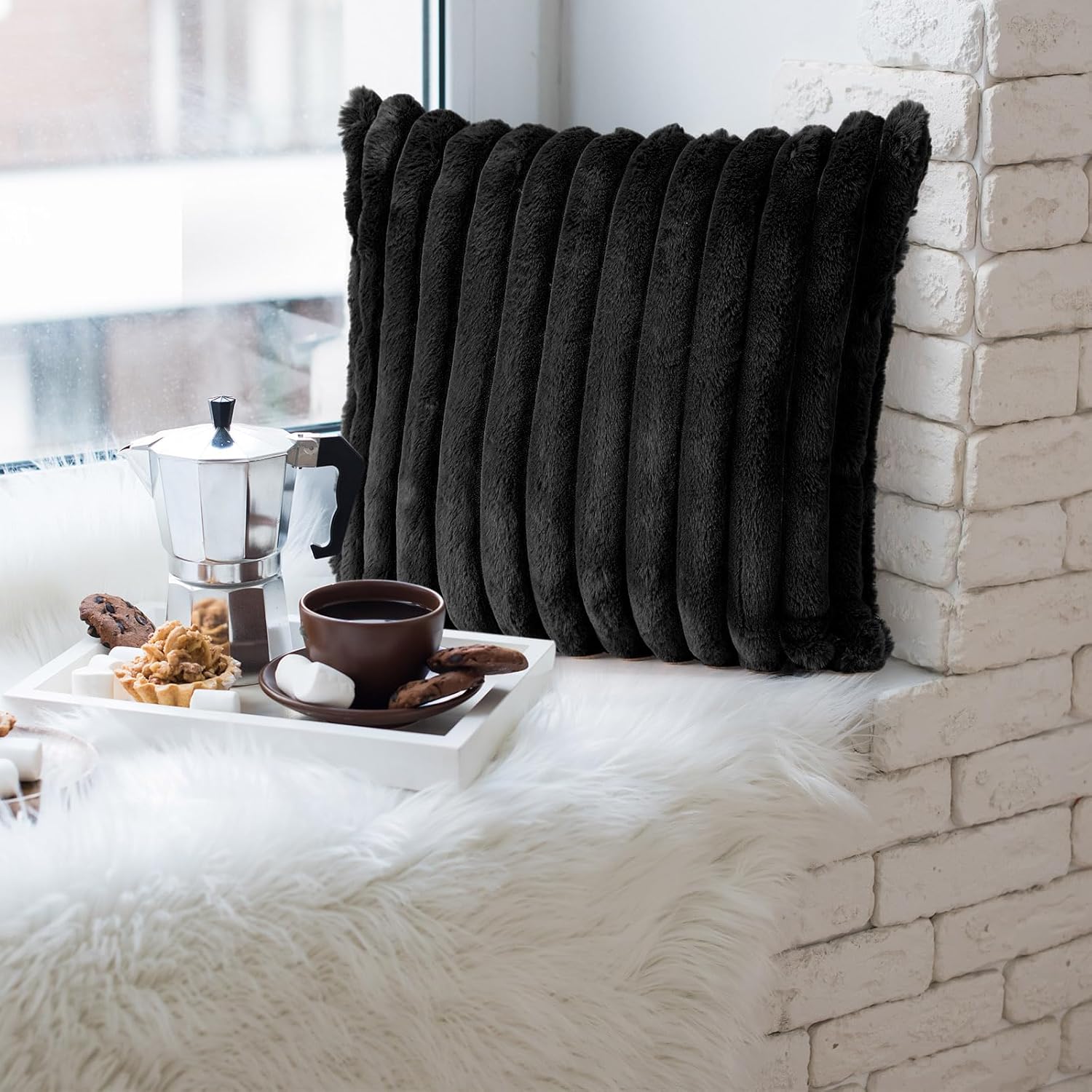 VitalCozy Throw Pillow Covers Set of 6 18x18 Decorative Neutral Couch Throw Pillow Covers Faux Fur Pillowcase Soft Velvet Farmhouse Boho Striped Decor for Bed, Sofa(Black)