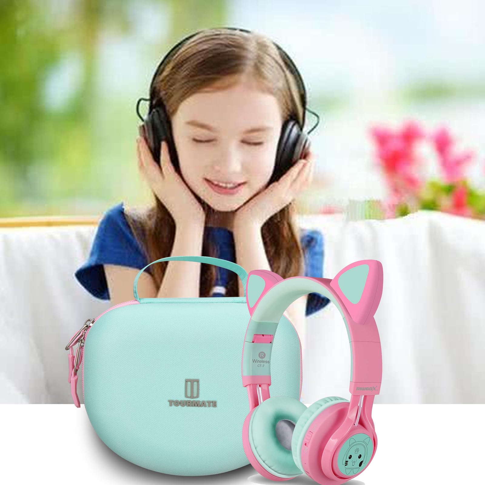 Tourmate Funda rígida de Viaje para Auriculares inalámbricos Riwbox CT-7 CT-7S / iClever HS01 / FosPower con luz LED para niños, Bolsa de Almacenamiento Protectora (Caja Rosa y Verde a la Venta)
