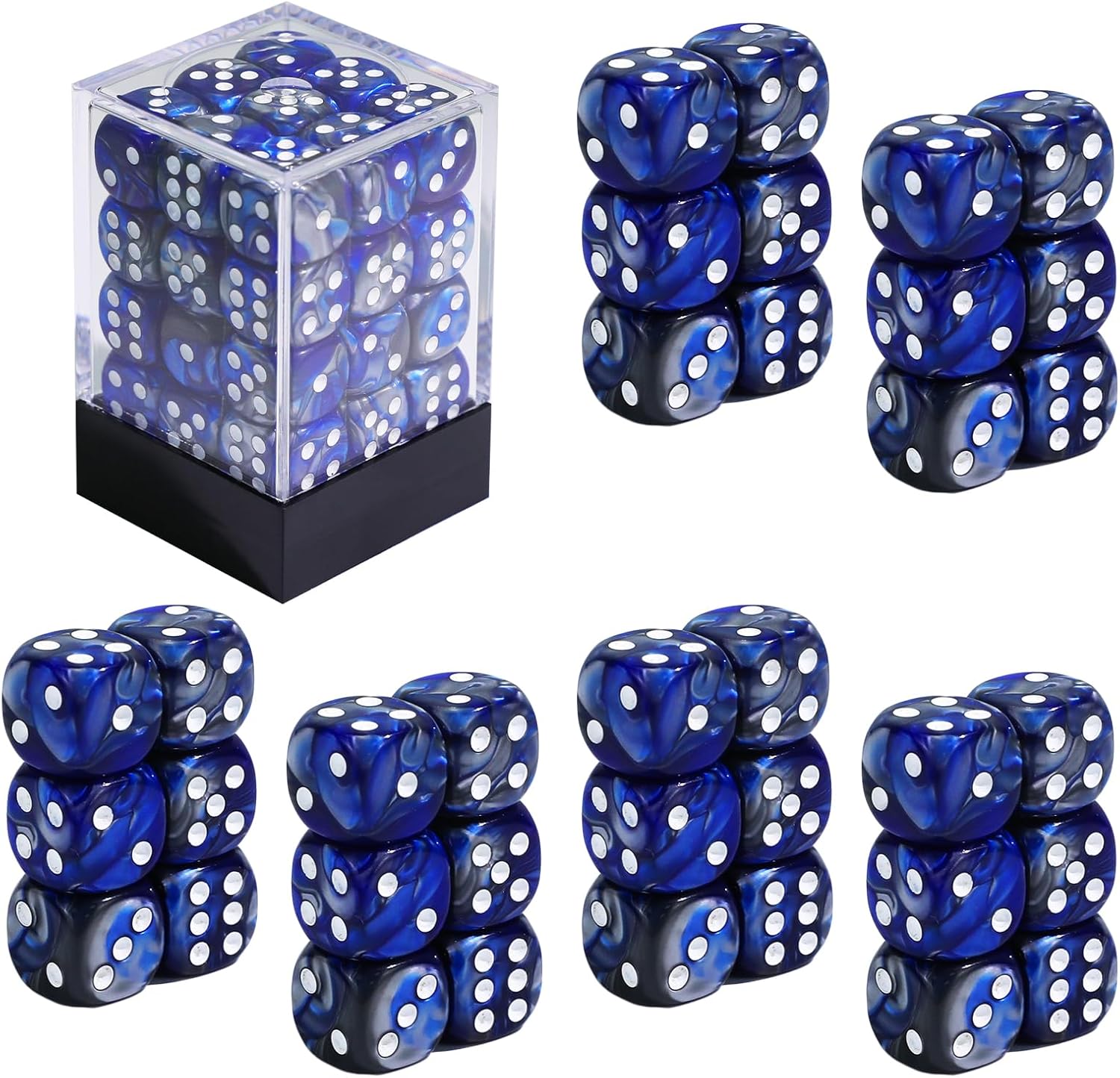 SIXPOINTS 36Pcs 12mm/0.47inch Mini Dice Set,Colours D6 Game Dice Set, 6 Sided Standard Dices for MTG,DND,Yahtzee, Bunco or Teaching Math Board Game,with Portable Plastic Box (Dark Blue White Swirl)