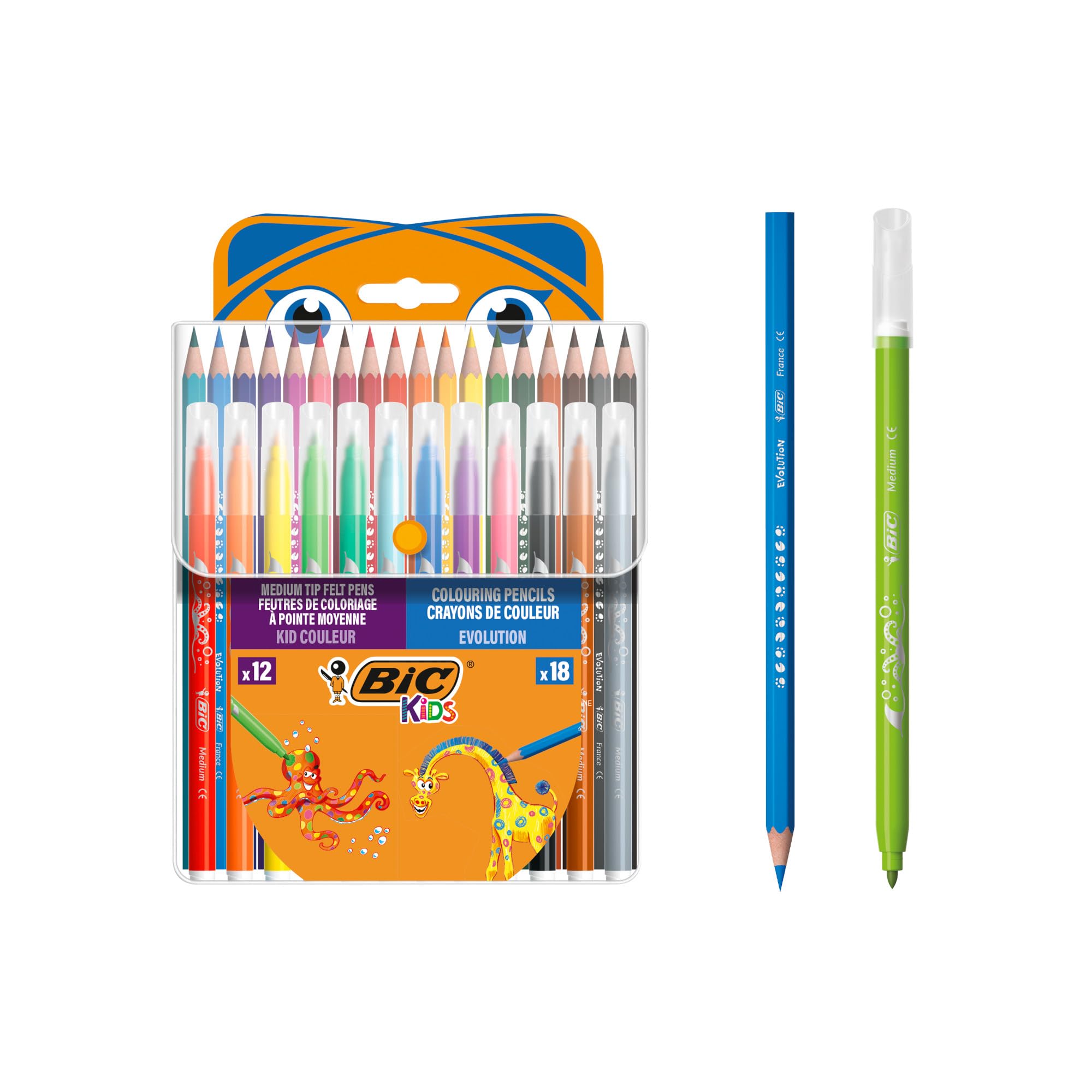 BIC Kids Kit para Colorear - 18 Lápices de colores, 12 rotuladores de colores, Estuche de Plástico de 30