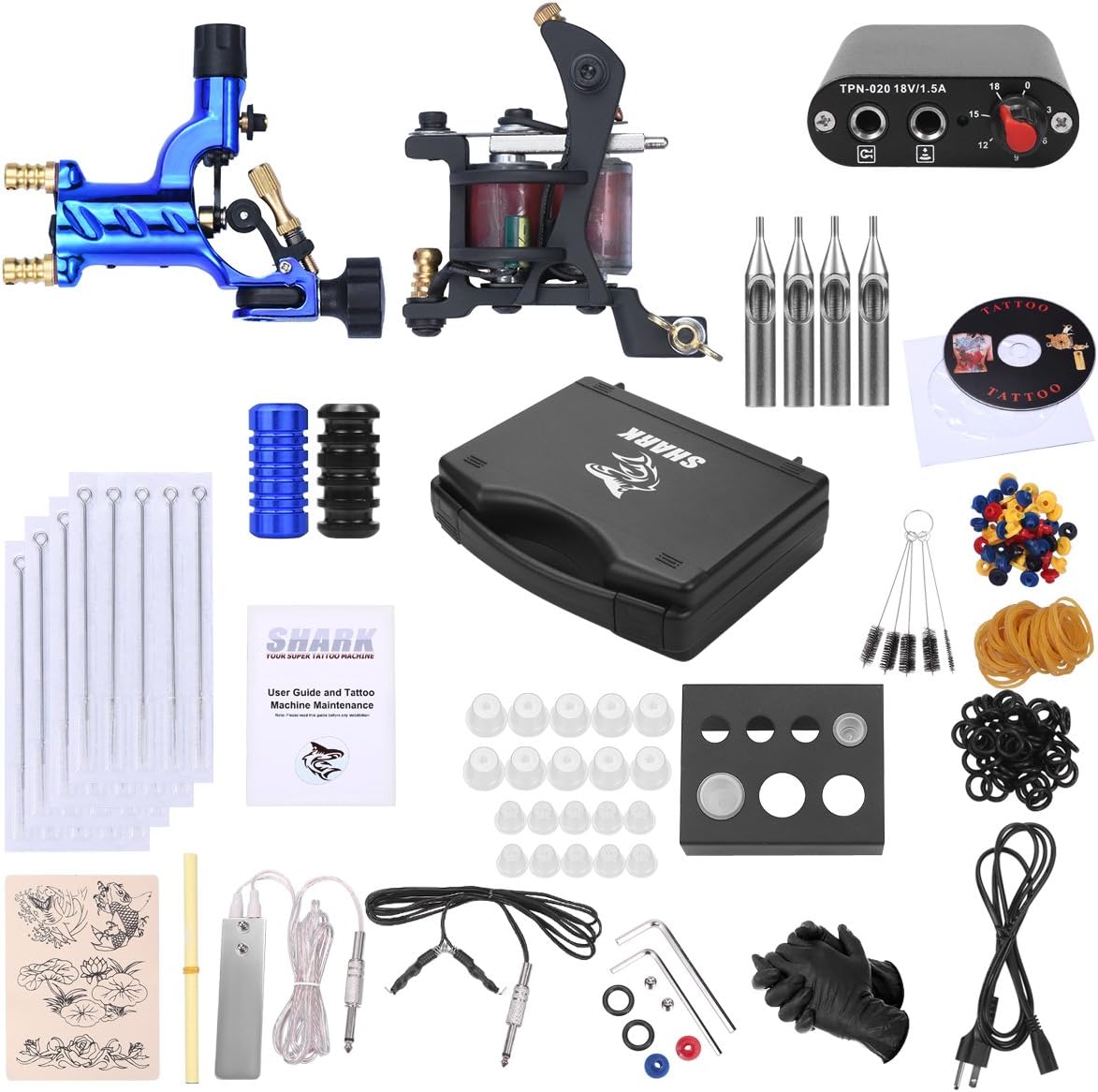 Shark Complete Pro Rotary Tattoo Kit Machines Gun with Plastic Carry Case Power Supply Needles Grips Tips