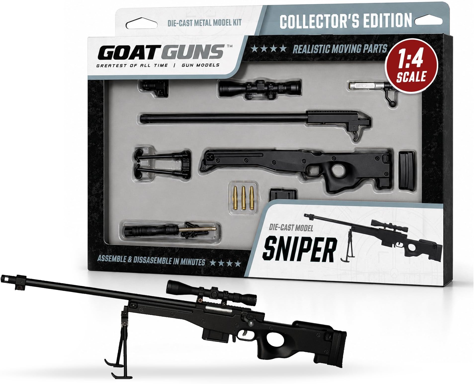 GOAT GUNS Miniature Sniper | 1:4 Scale Diecast Metal Build Kit, Matte Black | Non-Firing Sniper Replica with Scope & Bipod for Display, Man Cave & Gaming | Collectible Gun Model for Adults