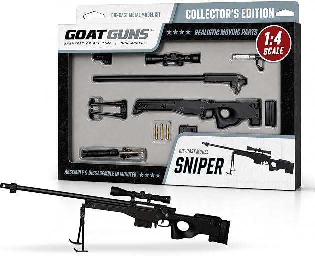 GOAT GUNS Miniature Sniper | 1:4 Scale Diecast Metal Build Kit, Matte Black | Non-Firing Sniper Replica with Scope & Bipod for Display, Man Cave & Gaming | Collectible Gun Model for Adults