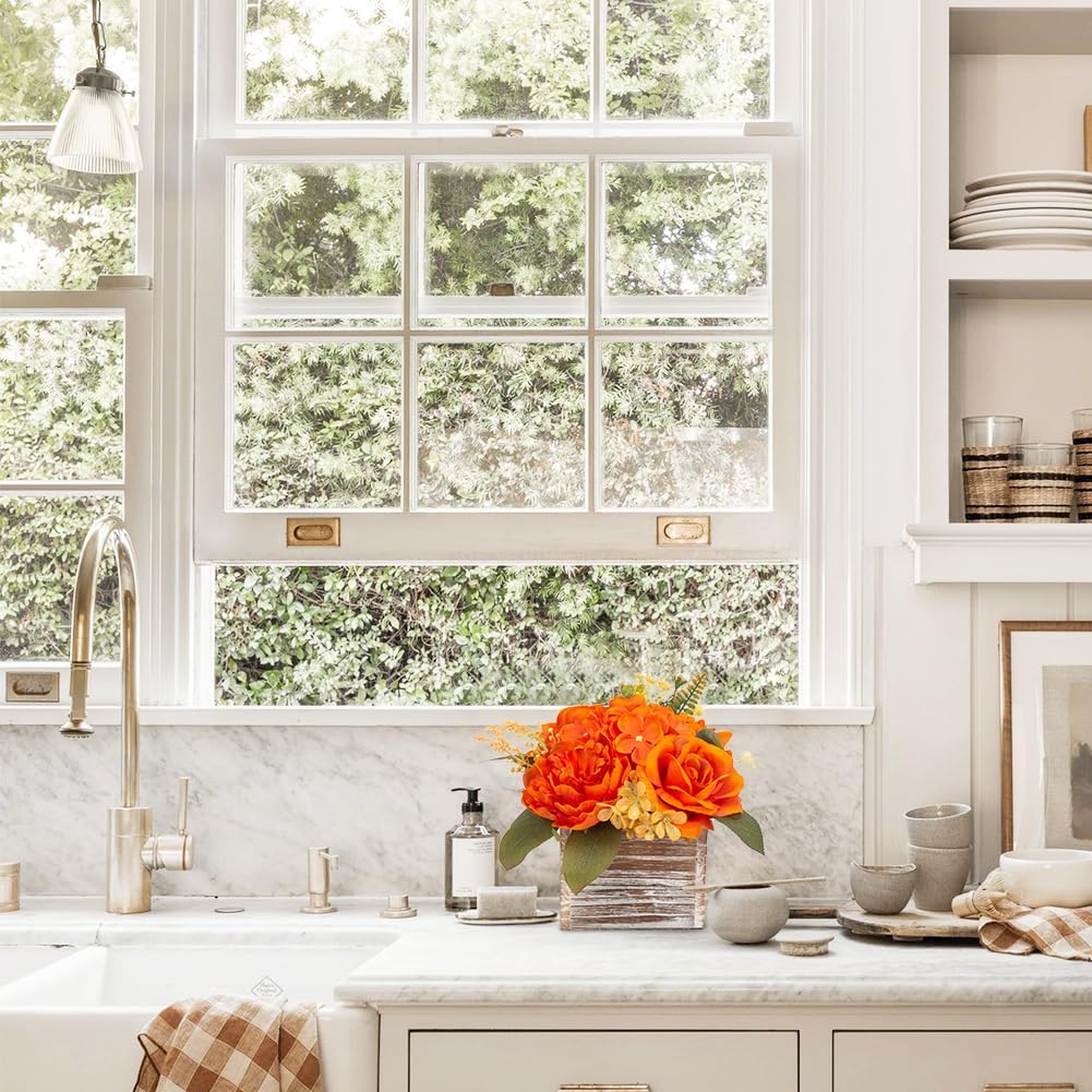 Flower Arrangement with Wooden Vase 8" Artificial Flowers in Pot - Fake Flowers Roses Peonies Hydrangeas in Wooden Vase Potted Artificial Flower Centerpieces for Table Decor Living Room - Burnt Orange - Image 6