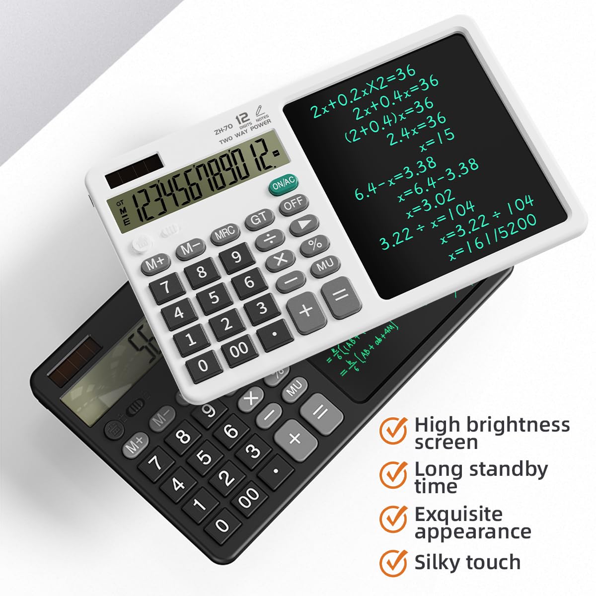 Scientific Calculator with Pull - Out Stylus, 12 - Digit Wide Screen & 100,000+ Reusable Writing Pad, One - Click Clear/Lock, Solar & Battery Dual Power, Portable for School Office Business (Black) 2