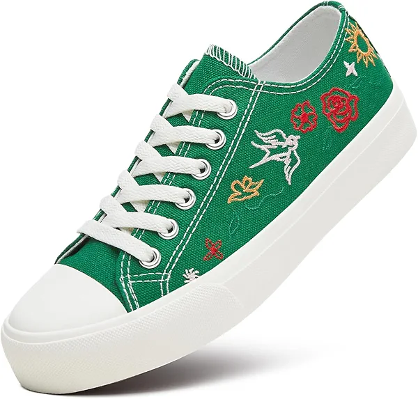 Women Canvas Sneakers with Embroidered Flower,Lace up White Tennis Shoes,Casual Low Top Fashion Sneakers