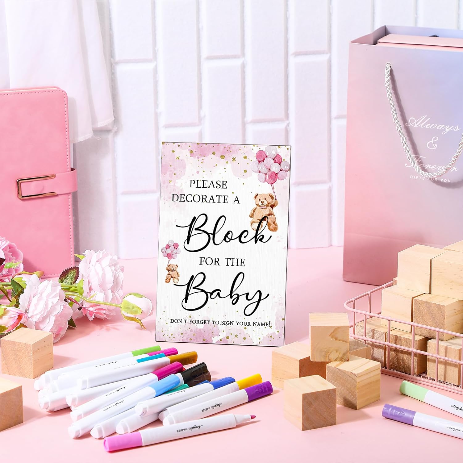 Roowest 75 Pcs Babyshower Party Games Kit Including Decorate a Block Game Sign 50 DIY Blank Wooden Block 24 Acrylic Paint Marker Gender Reveal Prize for Winners, Bear