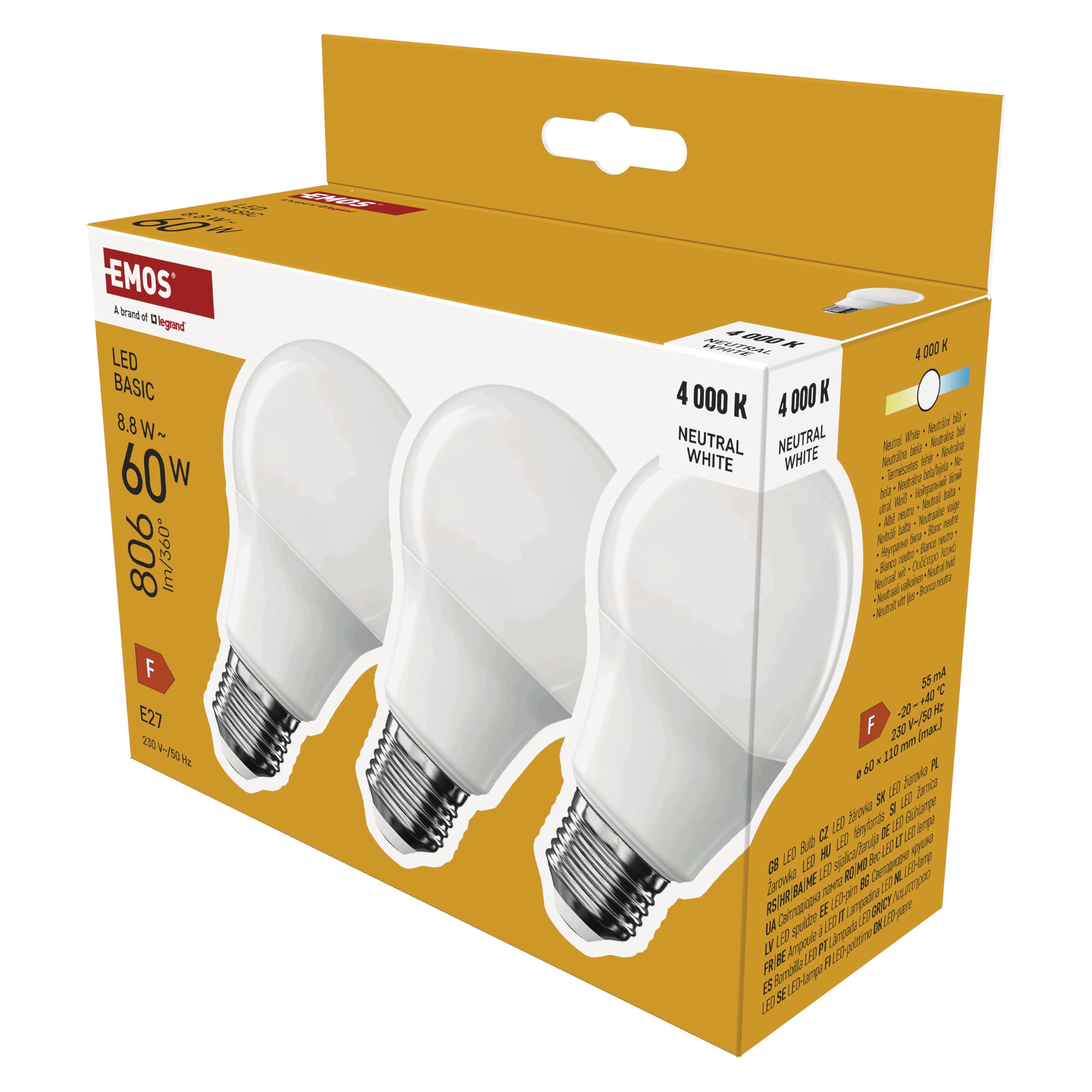 EMOS - LED-Lampe BASIC A60, 3er Pack - E27 Sockel - Neutralweiß - 806 lm - 8,8W (Ersatz für 60W Glühbirne) - Lebensdauer 20 000 Stunden - Abstrahlwinkel 200° - CRI min. 80